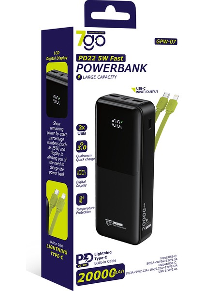 Gpw-07 20000MAH PD22.5W Hızlı Şarj Powerbank Beyaz | Dahili Type-C & Lightning Kablo | Dijital Ekranlı Taşınabilir Şarj Cihazı modelleri