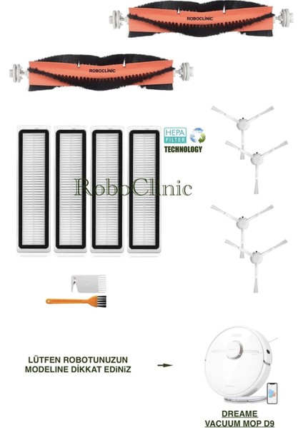 Dreame Vacuum Mop D9 Yedek Ana Fırça, Yan Fırça, Hepa Filtre - 12 Parça