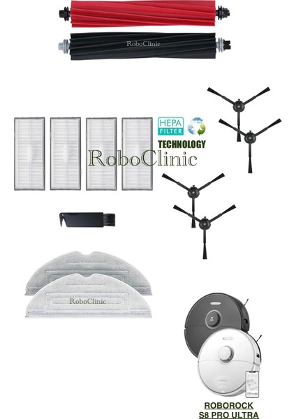 Roborock S8 Pro Ultra Yedek Ana Fırça, Yan Fırça, Hepa Filtre, Mop - 13 Parça