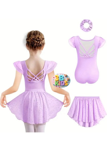 Mor Lila Jimnastik - Bale - Etekli Cimnastik Kıyafeti Mayo - 3 Lü Set