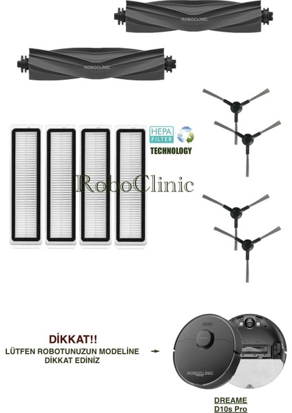 Dreame Bot D10S Pro Siyah Yedek Ana Fırça, Yan Fırça, Hepa Filtre - 10 Parça
