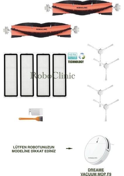 Dreame Vacuum Mop F9 Yedek Ana Fırça, Yan Fırça, Hepa Filtre - 12 Parça