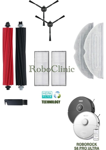 Roborock S8 Pro Ultra Yedek Ana Fırça, Yan Fırça, Hepa Filtre, Mop - 9 Parça