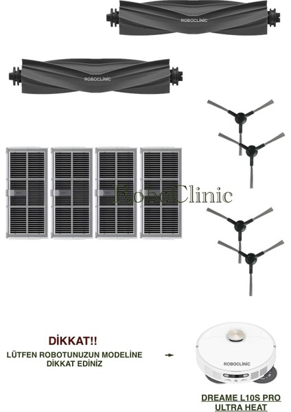 Dreame L10S Pro Ultra Heat Yedek Ana Fırça, Yan Fırça, Hepa Filtre - 10 Parça