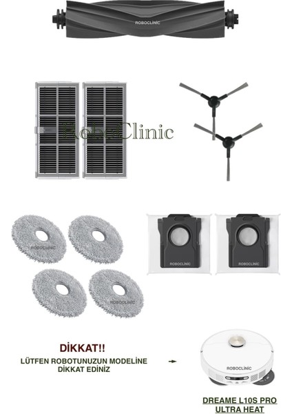 Dreame L10S Pro Ultra Heat Yedek Ana Fırça, Yan Fırça, Hepa Filtre, Mop, Toz Torbası - 11 Parça