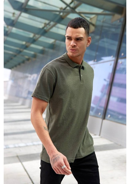 Haki Yeşil Spor Polo Yaka Düğmeli Pamuklu Casual Kısa Kollu Regular Fit T-Shirt