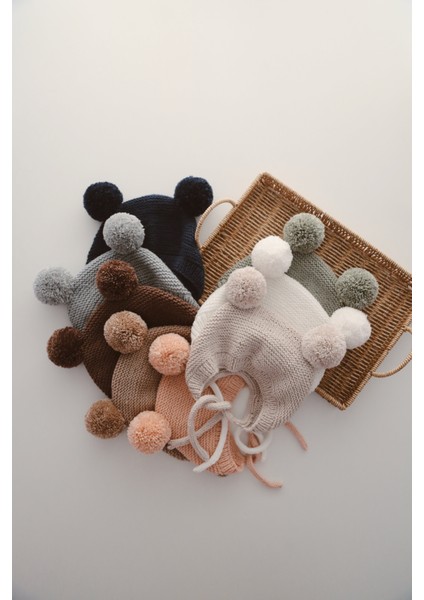 Ponponlu Unisex El Örgüsü Bebek/çocuk Bere-Boyunluk Takımı