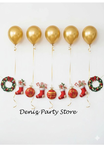 5 Adet Gold Balonlu Yılbaşı Dekoratif Banner Çelenk Duvar Süsü ( Tek Tarafı Baskılıdır )