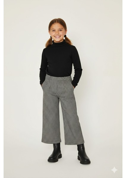 Kız Çocuk Kışlık Kareli Beli Lastikli Cepli Pileli Palazzo Pantolon - 1019K