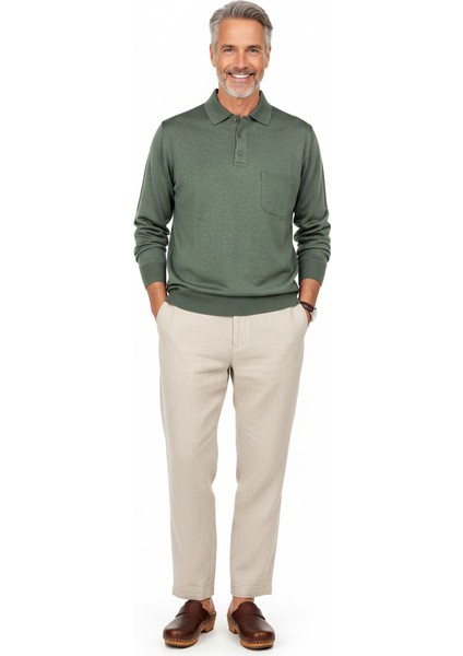 Erkek Kazak Premium Yün Tarzı Klasik Polo Yaka Düğmeli Cepli Rahat Tam Kalıp