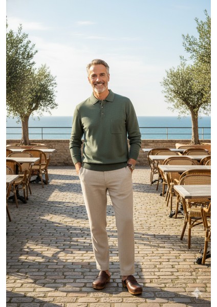 Erkek Kazak Premium Yün Tarzı Klasik Polo Yaka Düğmeli Cepli Rahat Tam Kalıp fırsatları