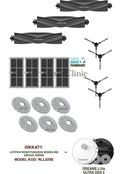 Dreame L10S Ultra Gen 2 Yedek Ana Fırça, Yan Fırça, Hepa Filtre, Mop - 17 Parça