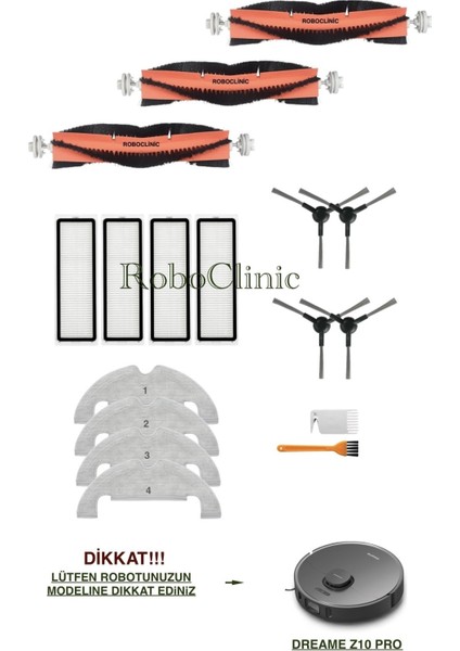 Dreame Bot Z10 Pro Yedek Ana Fırça, Yan Fırça, Hepa Filtre, Mop - 17 Parça