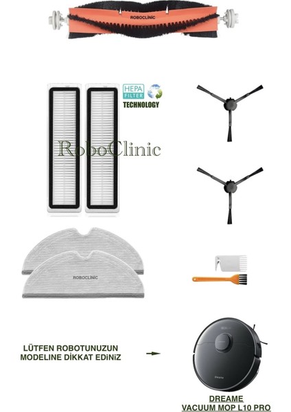 Dreame Vacuum Mop L10 Pro Siyah Yedek Ana Fırça, Yan Fırça, Hepa Filtre, Mop - 9 Parça