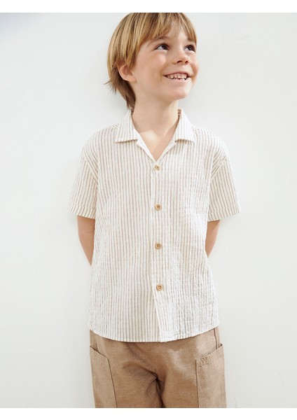 Yeni Sezon Çizgili Erkek Çocuk Keten Gömlek