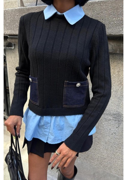 Poplin ve Denim Garnili Triko Kazak -Siyah indirimleri