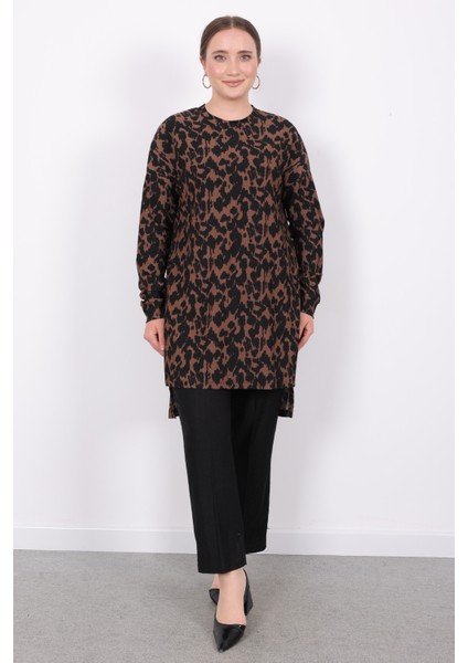 Yazlık Rahat Kalıp Bürümcük Kumaş Leopar Desen Ikili Takım Lastikli Pantolon & Bol Kesim Tunik modelleri