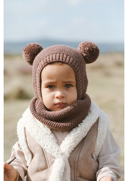 Ponponlu Unisex El Örgüsü Bebek/çocuk Bere-Boyunluk Takımı