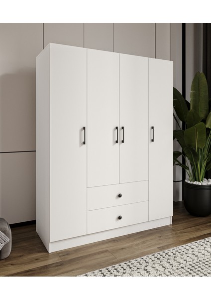 %100 Mdf 4 Kapaklı 2 Çekmeceli 12 Raflı Elbise Dolabı – Gardırop / Soft Beyaz 182X140X52 cm Animasyonlu Moriva