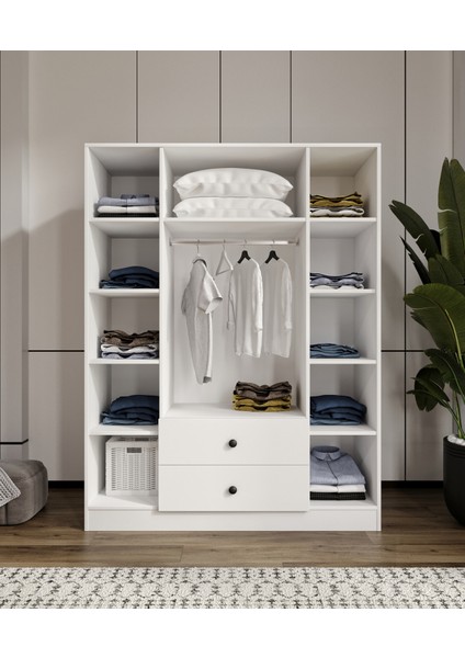 %100 Mdf 4 Kapaklı 2 Çekmeceli 12 Raflı Elbise Dolabı – Gardırop / Soft Beyaz 182X140X52 cm Animasyonlu Moriva modelleri