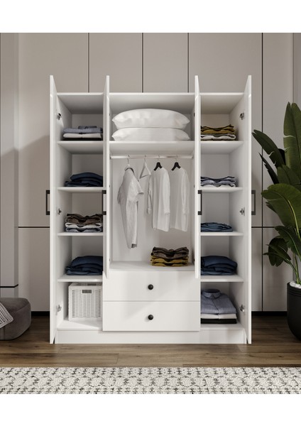 %100 Mdf 4 Kapaklı 2 Çekmeceli 12 Raflı Elbise Dolabı – Gardırop / Soft Beyaz 182X140X52 cm Animasyonlu Moriva fırsatları