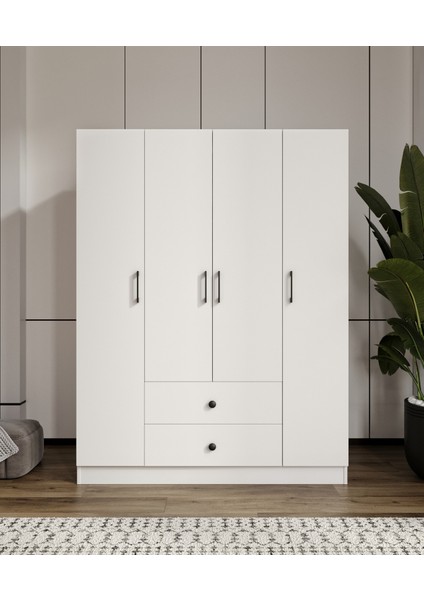 %100 Mdf 4 Kapaklı 2 Çekmeceli 12 Raflı Elbise Dolabı – Gardırop / Soft Beyaz 182X140X52 cm Animasyonlu Moriva indirimleri