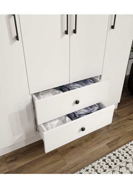 %100 Mdf 4 Kapaklı 2 Çekmeceli 12 Raflı Elbise Dolabı – Gardırop / Soft Beyaz 182X140X52 cm Animasyonlu Moriva