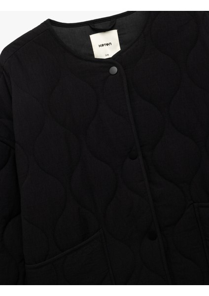 Çıt Çıt Düğme Kapamalı Cepli Uzun Kollu Bisiklet Yaka Kapitone Mevsimlik Ceket