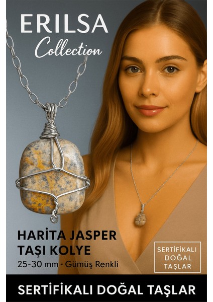 Sertifikalı Gümüş Tel Sargılı Doğal Harita Jasper (Kahverengi Jasper) Kolye – 30-35 mm Denge ve Güç Taşı