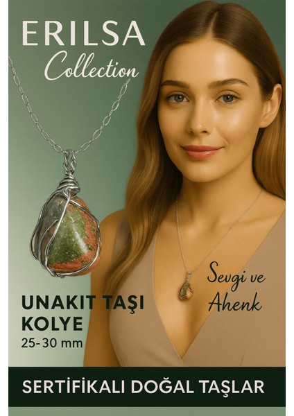Sertifikalı Gümüş Tel Sargılı Doğal Unakit Taşı Kolye – 25-30 mm Denge ve Şifa Taşı