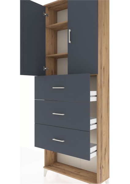 Arges Dolap 3 Raflı 3 Çekmeceli 2 Kapaklı 88X30X243 Çam-Antrasit indirimleri
