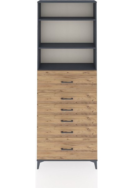 Arges Dolap 3 Raflı 6 Çekmeceli 88X30X243 Antrasit-Çam