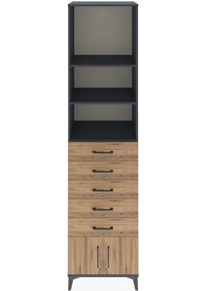 Hyperion Dolap 3 Raflı 5 Çekmeceli 2 Kapaklı 60X44X243 Antrasit-Çam