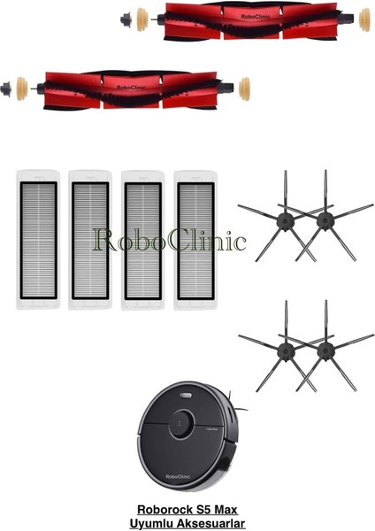 Roborock S5 Max Siyah Yedek Ana Fırça, Yan Fırça, Hepa Filtre - 10 Parça