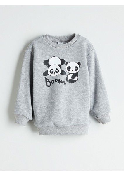 Yeni Sezon Bisiklet Yaka Panda Baskılı Erkek Çocuk Sweatshirt