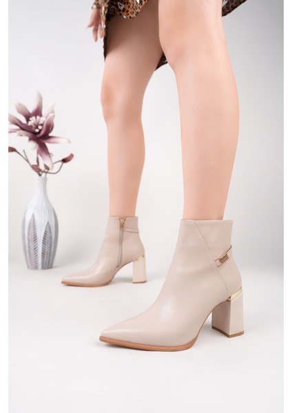 Bej Yanı Toka Detaylı Sivri Burun Yandan Fermuarlı Kalın Topuklu Bot fiyatları