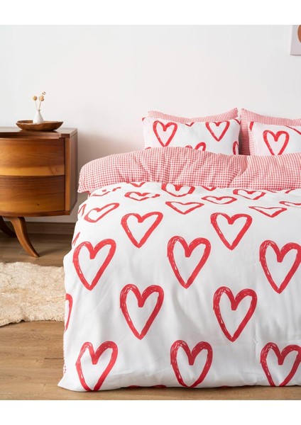 Beyaz Çift Kişilik Nevresim Takımı Pamuklu Desenli Ekose Kırmızı Kalpler 200X215 cm indirimleri