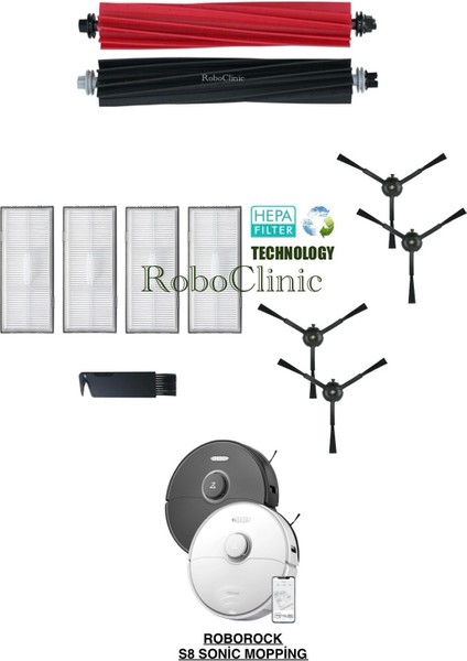 Roborock S8 Sonic Mopping Robot Süpürge Uyumlu Yedek Ana Fırça, Yan Fırça, Hepa Filtre - 11 Parça