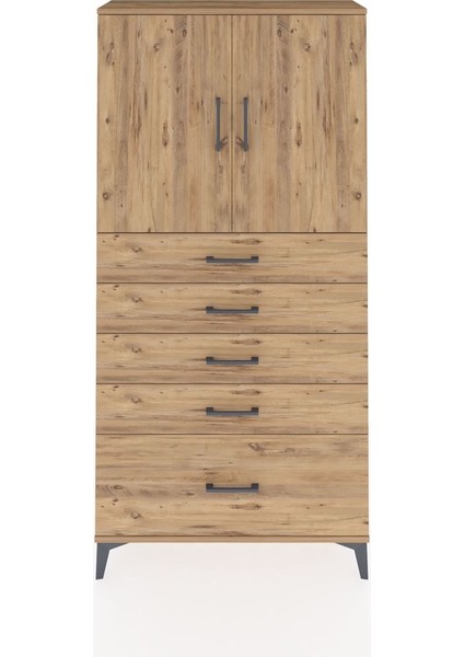 Arges Dolap 2 Raflı 5 Çekmeceli 2 Kapaklı 88X30X182 Çam-Çam