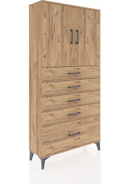 Arges Dolap 2 Raflı 5 Çekmeceli 2 Kapaklı 88X30X182 Çam-Çam fiyatları