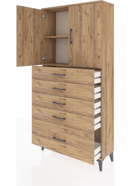 Arges Dolap 2 Raflı 5 Çekmeceli 2 Kapaklı 88X30X182 Çam-Çam fırsatları
