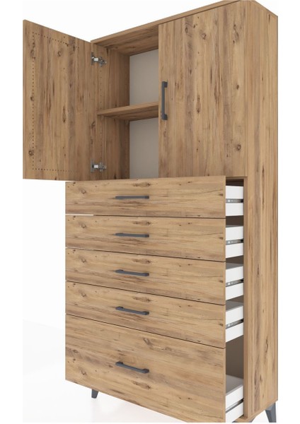 Arges Dolap 2 Raflı 5 Çekmeceli 2 Kapaklı 88X30X182 Çam-Çam indirimleri