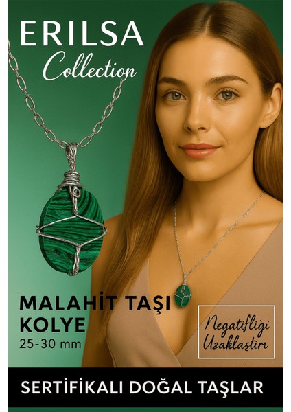 Sertifikalı Gümüş Tel Sargılı Doğal Malakit Taşı Kolye – 20-25 mm Koruma ve Dönüşüm Taşı