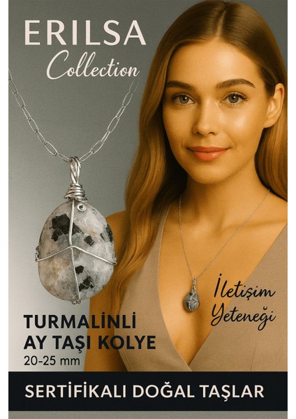 Sertifikalı Gümüş Tel Sargılı Doğal Turmalinli Ay Taşı Kolye – 25-30 mm Sezgi ve Denge Taşı