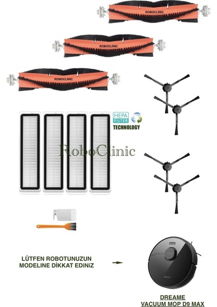 Dreame Vacuum Mop D9 Max Yedek Ana Fırça, Yan Fırça, Hepa Filtre - 13 Parça