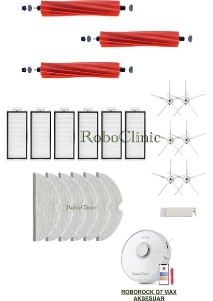 Roborock Q7 Max Beyaz Yedek Ana Fırça, Yan Fırça, Hepa Filtre, Mop - 22 Parça