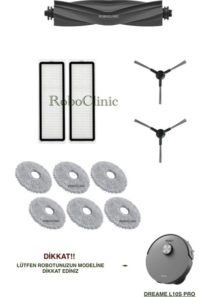 Dreame L10S Pro Robot Süpürge Uyumlu Yedek Ana Fırça, Yan Fırça, Hepa Filtre, Mop - 11 Parça