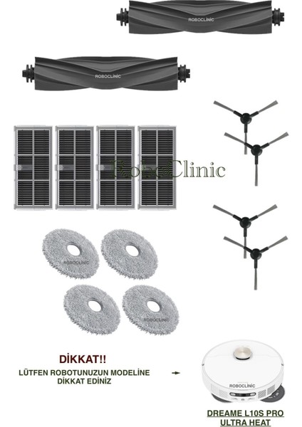 Dreame L10S Pro Ultra Heat Yedek Ana Fırça, Yan Fırça, Hepa Filtre, Mop - 14 Parça
