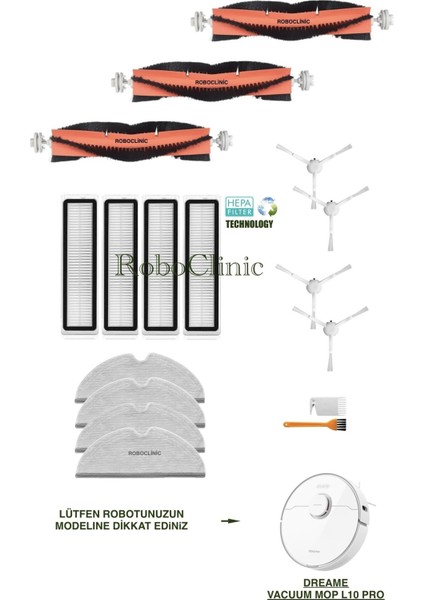 Dreame Vacuum Mop L10 Pro Beyaz Yedek Ana Fırça, Yan Fırça, Hepa Filtre, Mop - 17 Parça