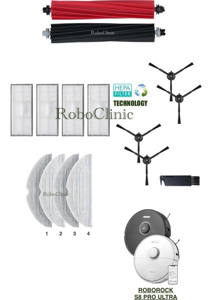 Roborock S8 Pro Ultra Yedek Ana Fırça, Yan Fırça, Hepa Filtre, Mop - 15 Parça